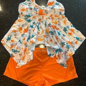 Playful Dinosaur Print Bikini Set - Orange and White